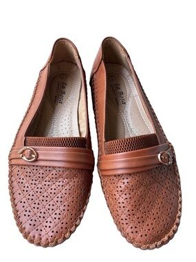Women's Cognac Perforated Slip-On Loafers